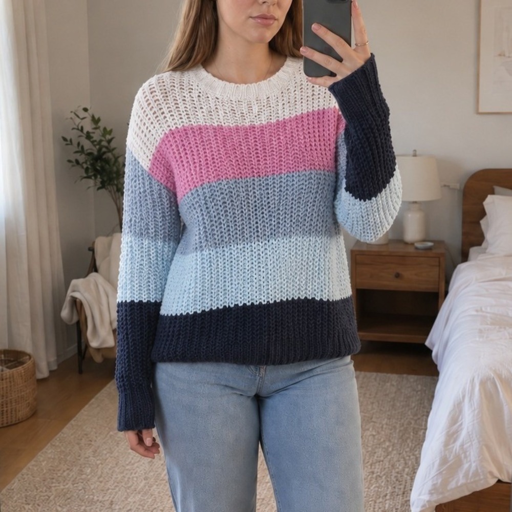 Z Supply Women Striped Sweater Size XL Multicolor Open Knit Boho Coastal Slouchy